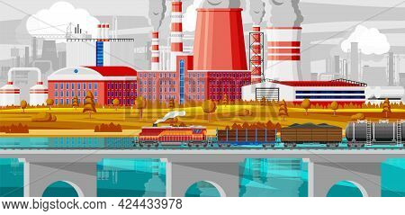 Industrial Landscape Of Cargo Rail Transportation With Plant And Fuming Pipes. Factory Building. Pip