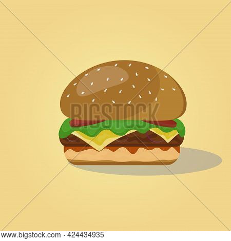 Vector Hamburger Isolated On Yellow Background. Fast Food, Street Food. Vector Illustration