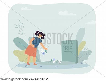 Little Girl Putting Flowers On Grave. Sad Orphan Character In Cemetery, Gravestone Flat Vector Illus