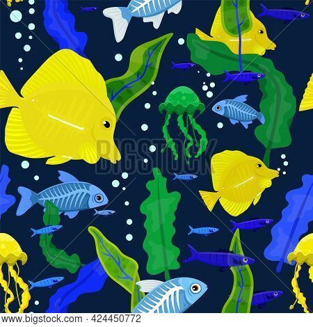 Marine Life Seamless Vector Pattern. Tropical Fish.