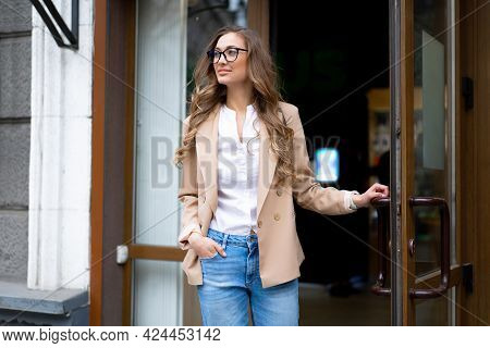 Business Woman Come Out Store Door Outside Caucasian Female Business Person Standing Near Shop Doorw