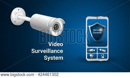 Mobile Phone With An App For Video Surveillance Systems. Realistic Cctv Camera. Protective Shield On