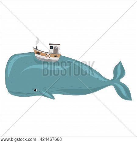 A Large Blue Whale With A Boat On Its Back. Fabulous Vector Illustration. Keith Hipster, Tropical Fa