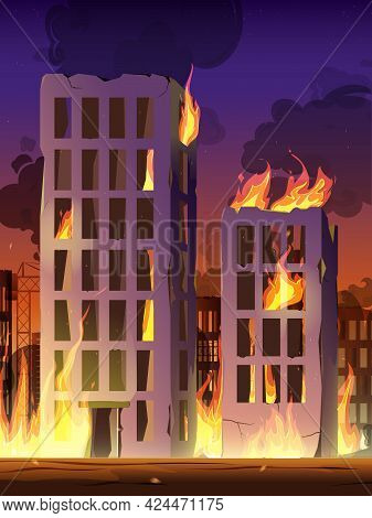 Destroyed City On Fire, War Destroy Burning Broken Buildings.