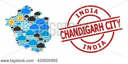 Climate Pattern Map Of Chandigarh City, And Rubber Red Round Stamp Seal. Geographic Vector Concept M