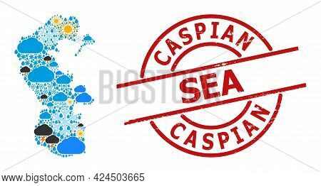 Climate Mosaic Map Of Caspian Sea, And Grunge Red Round Seal. Geographic Vector Mosaic Map Of Caspia