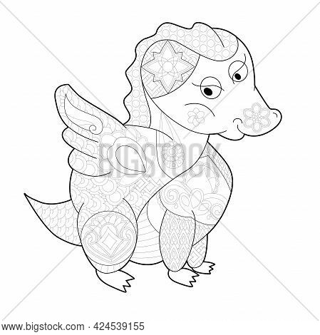 Contour Linear Illustration For Coloring Book. Cute Dino, Anti Stress Picture. Line Art Design For A