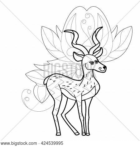 Contour Linear Illustration With Animal For Coloring Book. Cute Gazelle, Anti Stress Picture. Line A