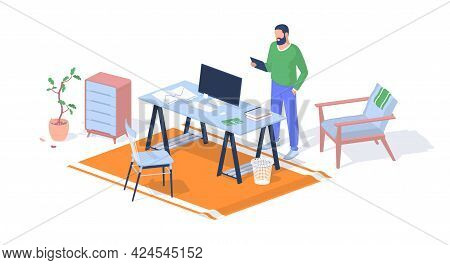 Teacher Prepares For Lecture In Office. Man Stands With Tablet Looks Through Information. Computer M