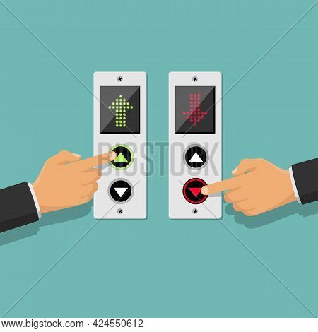 Set Of Icons, Press The Up And Down Button. Button Call Lift. Businessman Presses Elevator. Vector I