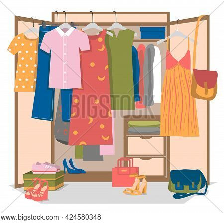 Emale Wardrobe Or Closet. Summer Woman Shoes, Bags And Clothes Hanging On Hangers, Lying On Shelves 