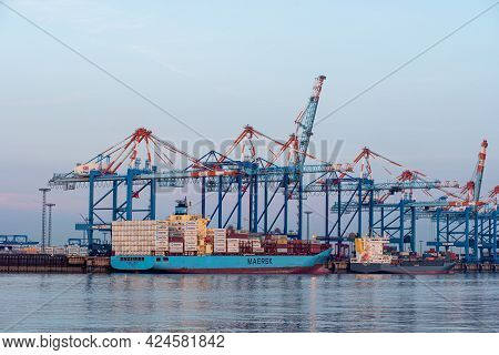 Bremerhaven, Geramny - September 15, 2020: Two Maersk Container Ships At The Eurogate Container Term
