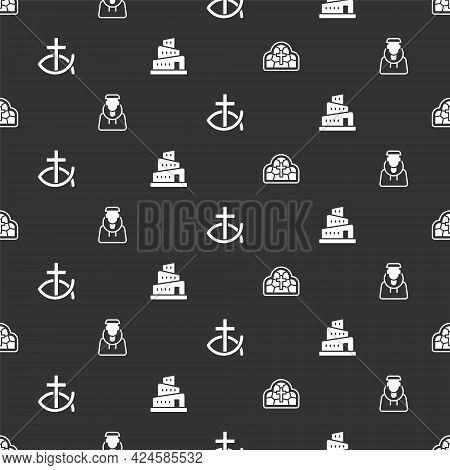 Set Stained Glass, Monk, Christian Fish And Babel Tower Bible Story On Seamless Pattern. Vector