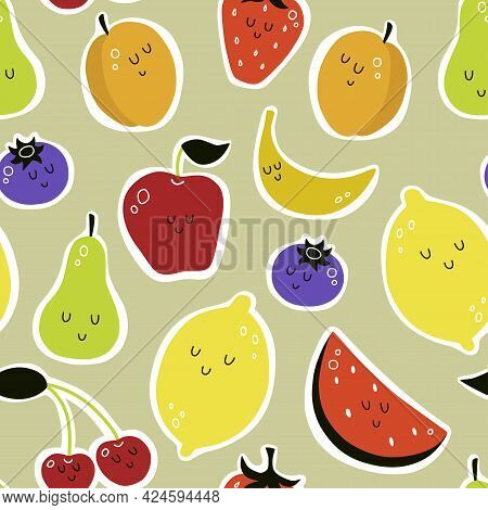 Vector Seamless Pattern With Cartoon Fruits. Apricot, Cherry, Watermelon, Pear, Berries, Strawberry,