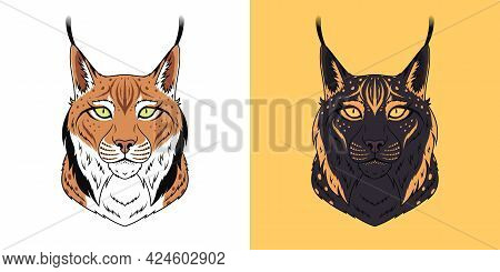Brown And Black Lynx Head With Green And Golden Eyes, Isolated Lynx Face. Predatory Bobcat. Lynx Sil
