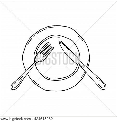 Plate With Fork And Knife. Cultery. Table Settings. Simple Food Icon In Hand Drawn Style Isolated On