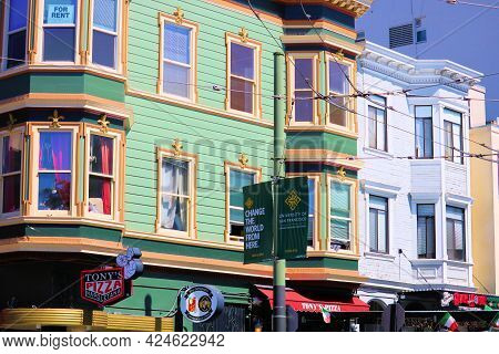July 8, 2021 In San Francisco, Ca:  Historic Victorian Buildings With Italian Restaurants And Loft A