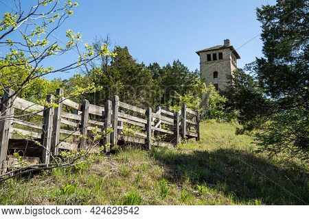 The Old Tower At Ha Ha Tonka State Park, In Lake Of The Ozarks, Missouri On A Spring Day