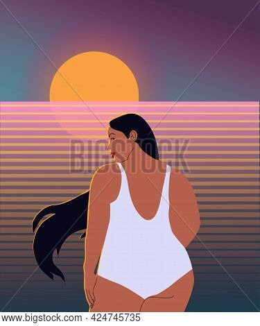 Vector Image Of A Girl In A White Swimsuit On The Background Of The Sea And Sunset