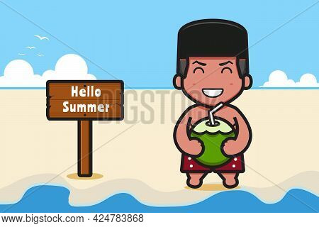 Cute Boxer With A Summer Greeting Banner Cartoon Vector Icon Illustration. Design Isolated On Blue. 