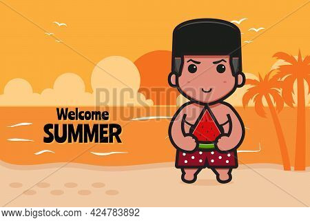 Cute Boxer With A Summer Greeting Banner Cartoon Vector Icon Illustration. Design Isolated On Blue. 