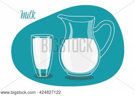 Milk In Pitcher And Glass. Kitchen Utensils. Vector Illustration Of Transparent Jug Pitcher And Glas