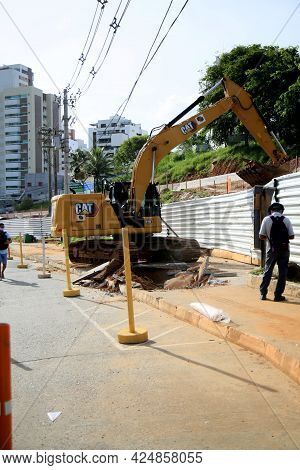 Salvador, Bahia, Brazil - June 10, 2021: Backhoe Machine Is Seen In The Construction Area Of The Exc