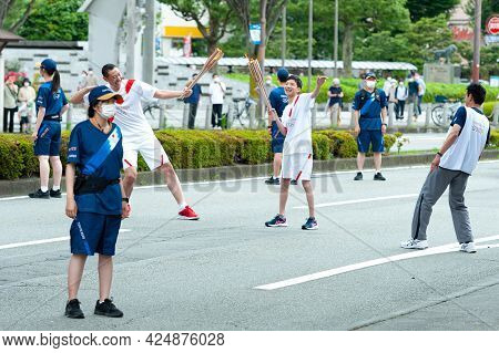 Fuji City, Shizuoka-ken, Japan - June 24, 2021: Tokyo 2020 Olympic Torch Relay In Fuji City, Japan.