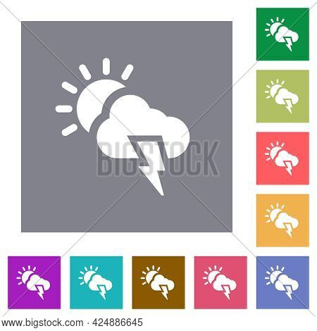 Sunny And Stormy Weather Flat Icons On Simple Color Square Backgrounds
