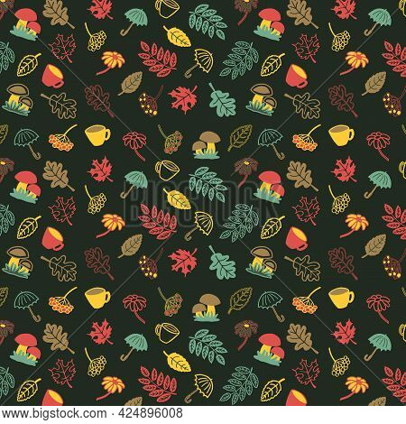 Fall Doodle Pattern With Leaves, Mugs, Umbrellas, Mushrooms, Flowers And Berries Made In Warm Bright