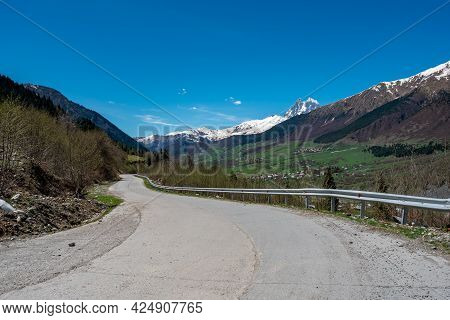 Beautiful View From Svaneti, Castles In Old Village. Peak Ushba, Mestia, Mulakhi, Georgia