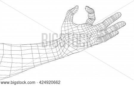 Hand Hold Some Tiny Or Thin Object. Vector Rendering Of 3d. Wire-frame Style. Hand Hold Somethin