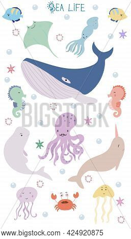Big Set With Sae Animal. Underwater World Elements. Hand Drawn Doodle Vector Illustration.