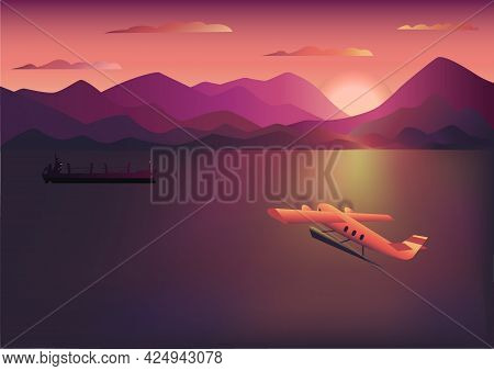 Flat Art Illustration Of Ocean Sunset, Mountains, Small Hydro Plane Taking Off Over Water And A Sail