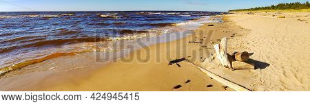 Panorama Of Wild Coast Of The Baltic Sea With Small Waves In Carnikava, Latvia