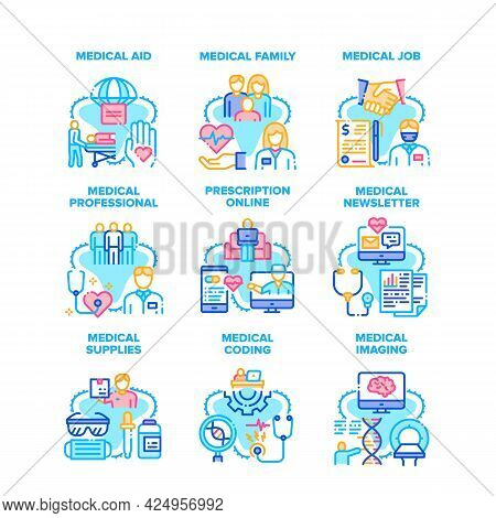 Medical Aid Job Set Icons Vector Illustrations. Medical Aid Job And Professional Family, Newsletter 