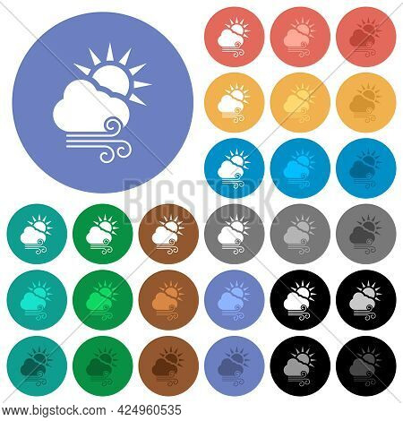 Sunny And Windy Weather Multi Colored Flat Icons On Round Backgrounds. Included White, Light And Dar