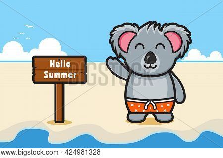 Cute Koala Waving Hand With A Summer Greeting Banner Cartoon Vector Icon Illustration. Design Isolat