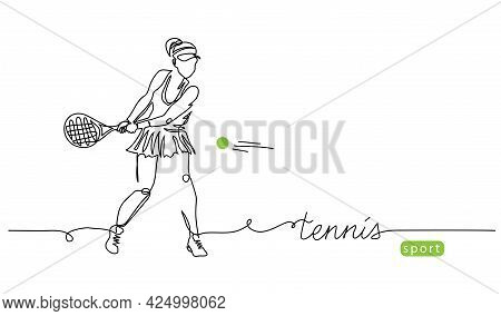 Tennis Player Simple Vector Background, Banner, Poster With Woman, Racket And Ball. One Line Drawing