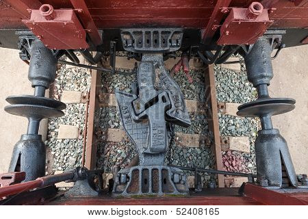 Close Up Of A Train Car Coupler Joint
