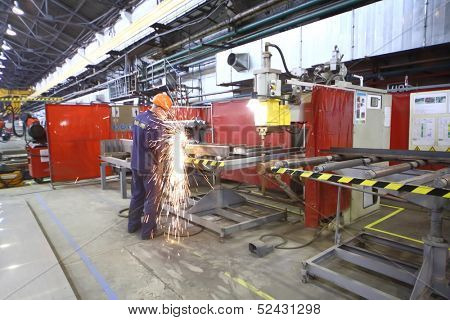 TVER - JUN 05: The process of welding in the workshop of the Tver Carriage Works, on June 05, 2013 in Tver, Russia.