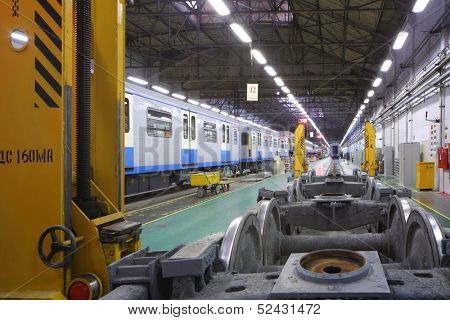 TVER - JUN 05: Carts wheel sets near wagons in the assembly shop of the Tver Carriage Works, on June 05, 2013 in Tver, Russia.