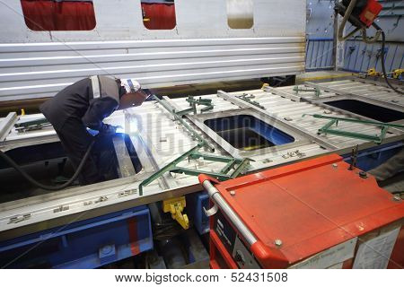 TVER - JUN 05: The process of welding body of the wagon in the Tver Carriage Works, on June 05, 2013 in Tver, Russia.