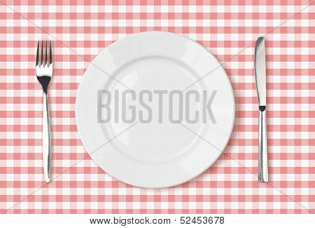 empty dinner plate top view on pink picnic table cloth