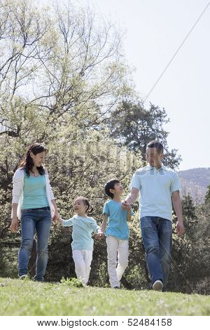 Family holding hands and walking in park.