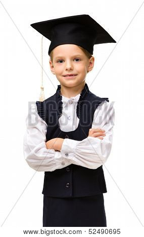 Half-length portrait of little student in academic cap with hands crossed, isolated on white. Concept of graduation and study