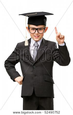 Half-length portrait of little businessman in academic cap forefinger gesturing, isolated on white. Concept of graduation and study