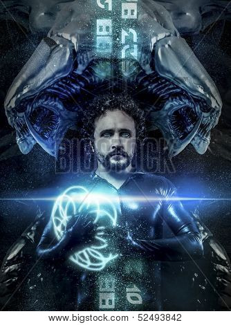 fantasy and science fiction, black latex man with blue neon spheres