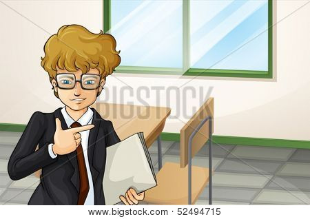 Illustration of a businessman with a binder standing near the wooden chair and table