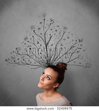 Pretty young woman thinking with tangled lines coming out of her head